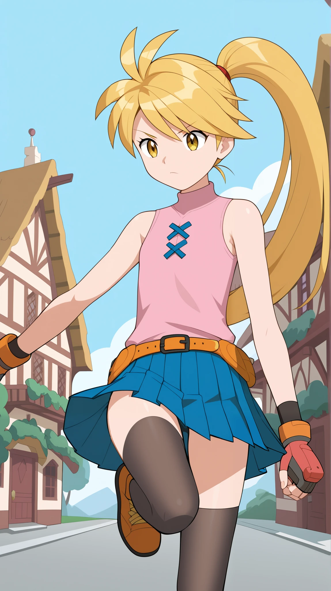 (( top quality )), ((masterpiece)), (( Details)), 1girl,  golden hair color,  ponytail,  long hair, Yellow Eyes,  pink sleeveless shirt without gloves,  Green Pleated Mini Skirt ,  black knee-high stockings , orange laces ,  Tall,  serious expression, Kicking Technique,  ANIME COLORING BOOK,  viewers, 1 Female, Age 18,  standing, whole body,  slim figure, Two legs, two arms, town, (\ Pokémon\),  score_9,  score_8_Excellent,  score_7_Excellent,  score_6_Excellent,  Source_Anime,  Cell Shading,  flat color, vector,