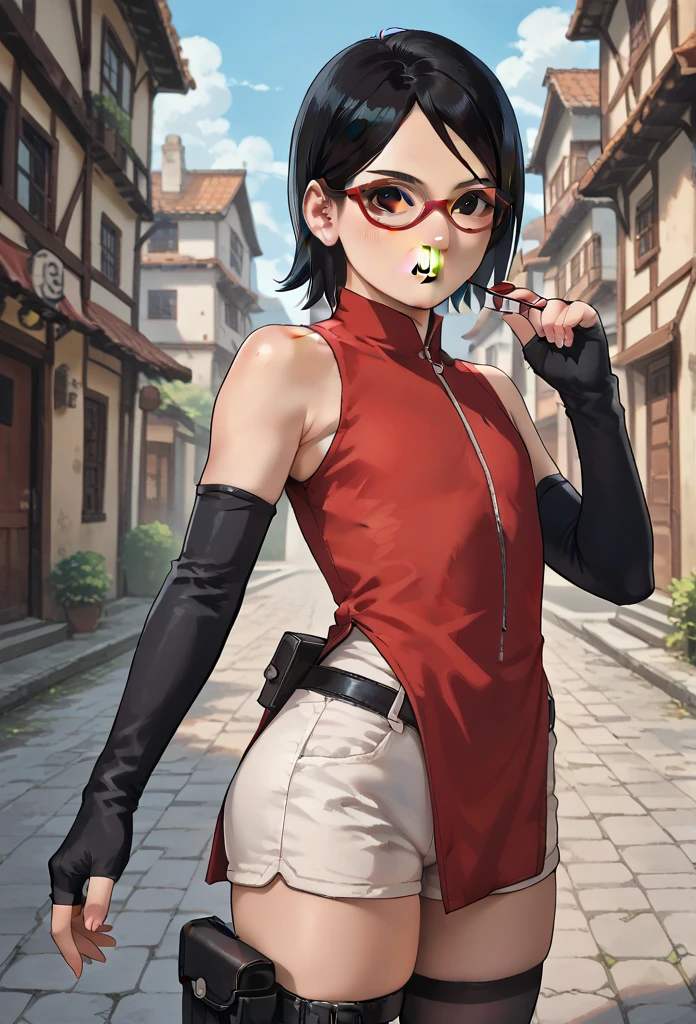 score_9_up, score_8_up, score_7_up, score_6_up, score_5_up, score_4_up, ,zPDXL2, solo, rating_safe, perfect face, perfect eyes, BBC_Chan Style, Sarada Uchiha, solo, 1girl, black hair, short hair, red-framed eyewear, glasses, black eyes,red dress, sleeveless, elbow gloves, black gloves, fingerless gloves, white shorts, black thighhighs, thigh holster, large round butt, bubble butt ,konohagakure village pathway, flat chest,full lips, very wide hips, thick thighs 