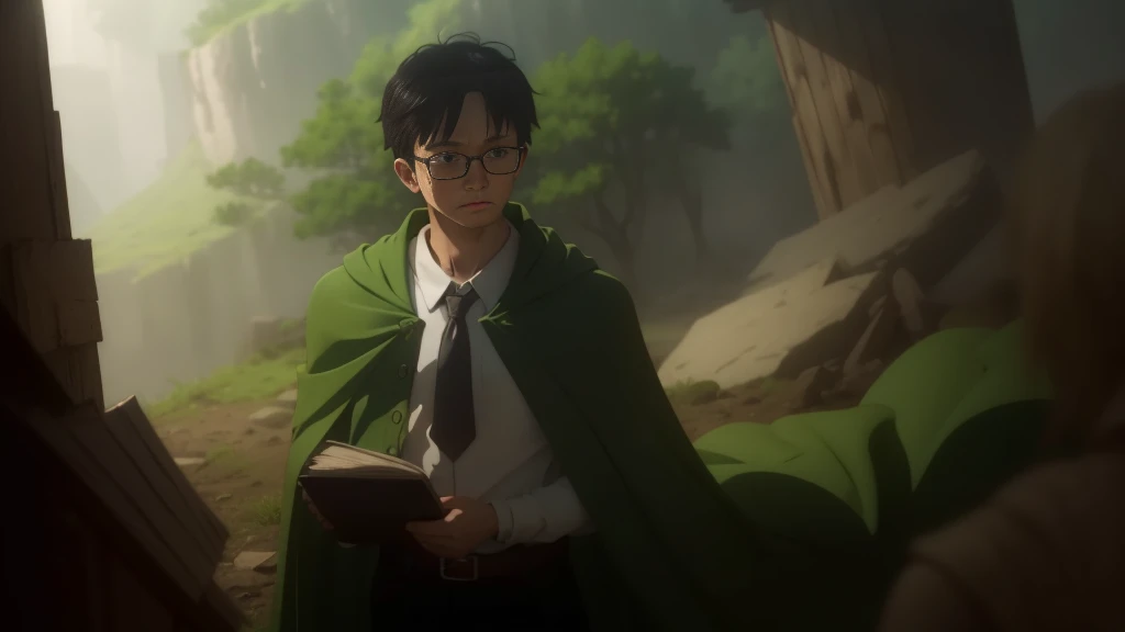 Boy、big round glasses、adventurer、、、、head down、lose、guilty、despondency、sad、repression、guilt、betrayal、chill、hurt、make up for、forgive、rounded glasses、green cape、full body、brown coat、white shirt、green tie、brown shorts、black boots、dynamic pose、1 person、splash art、exterior background、natural lighting、moody atmosphere、forest environment、realistic proportions、messy hair、subtle tear streaks、soft facial shadows、slightly flushed cheeks、visible emotion、conflicted expression、like features、fine texture on clothing、movement in the cape、dusty boots、intricate detailing on fabric、slight wind effect、focused composition、rich color depth、high contrast shading、detailed foliage backdrop、emotive storytelling pose、immersive perspective、slight tilt in head、downtrodden gaze、small hands、ish innocence. green cape, rich dark green fabric, slightly worn with frayed edges, tattered in places, flowing dramatically in the wind, draped over the shoulders, deep green shade, natural folds and creases, subtle light reflecting off the fabric, heavily textured fabric with slight distressed marks, slightly faded in some areas, vibrant green base color, shading near the edges, green hue consistent with natural lighting, creases showing movement, worn and weathered look, shadowing under the cape for added depth, natural fabric texture visible, ruffled and loose in motion, green tones blending with atmospheric lighting.