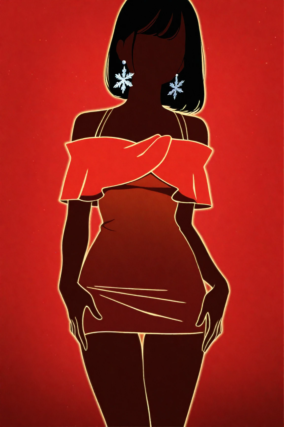 ((masterpiece)), ((top quality)), depth of field, high res, pops art style illustration, primary colors,  red background, red and black theme, vector trace illustration, not realistic, no shading, expressed in silhouette, 1 female, 24 yo, mature, elegant feminine gestures, female shape silhouette, bob hair, bare shoulders, (balanced hands and fingers), (beautiful hands and fingers shape), slim waist, mini dress, off-shoulder dress, silver snowflake earrings,