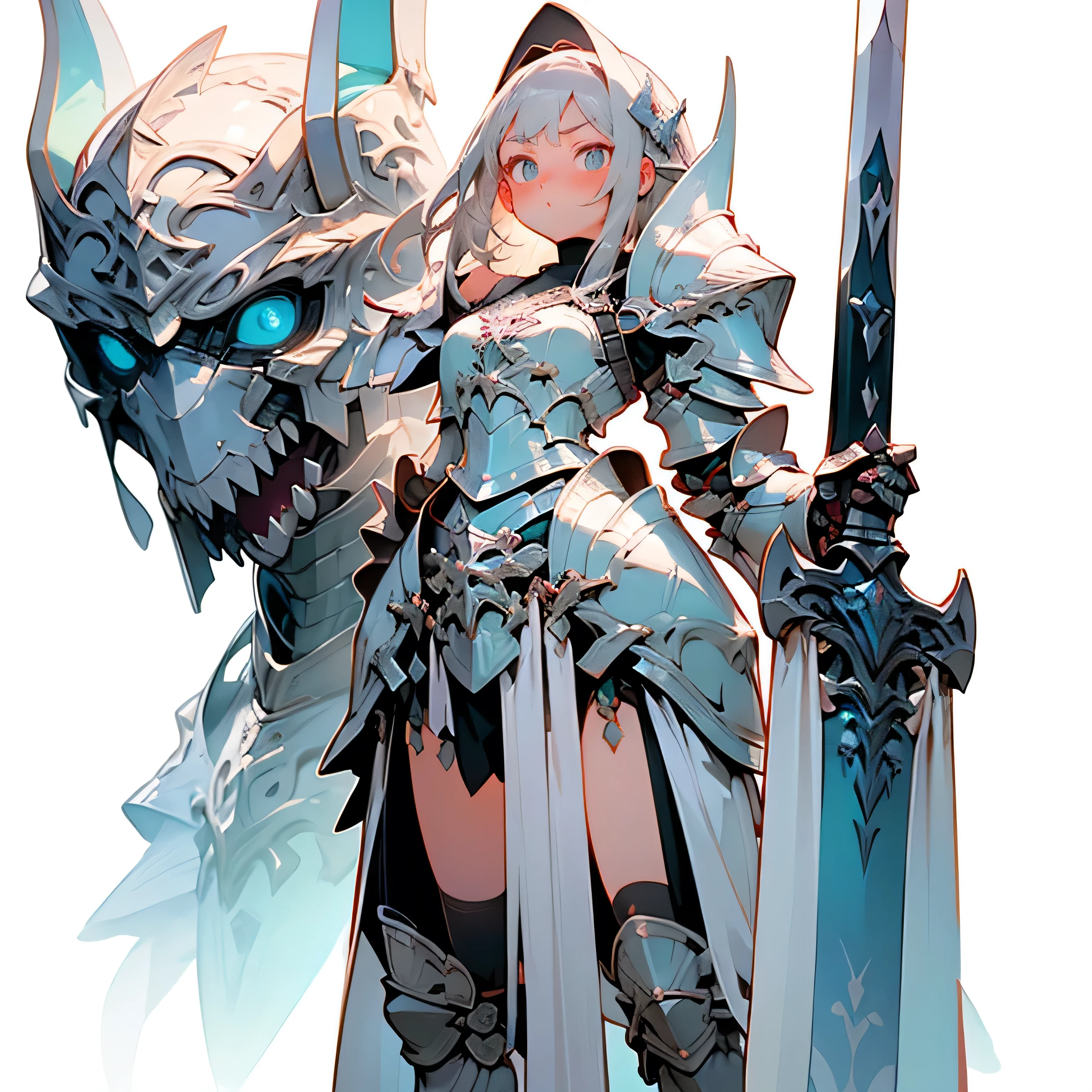   anime girl image,
 ((half naked:1.4)) ,((silver armor:1.3)),
(( she is standing on the giant head of a dragon)), big sword, medieval style ,pose sexy,
((dark dragon)) , , masterpiece, 
 dark fantasy , (( simple background)),  Full body 