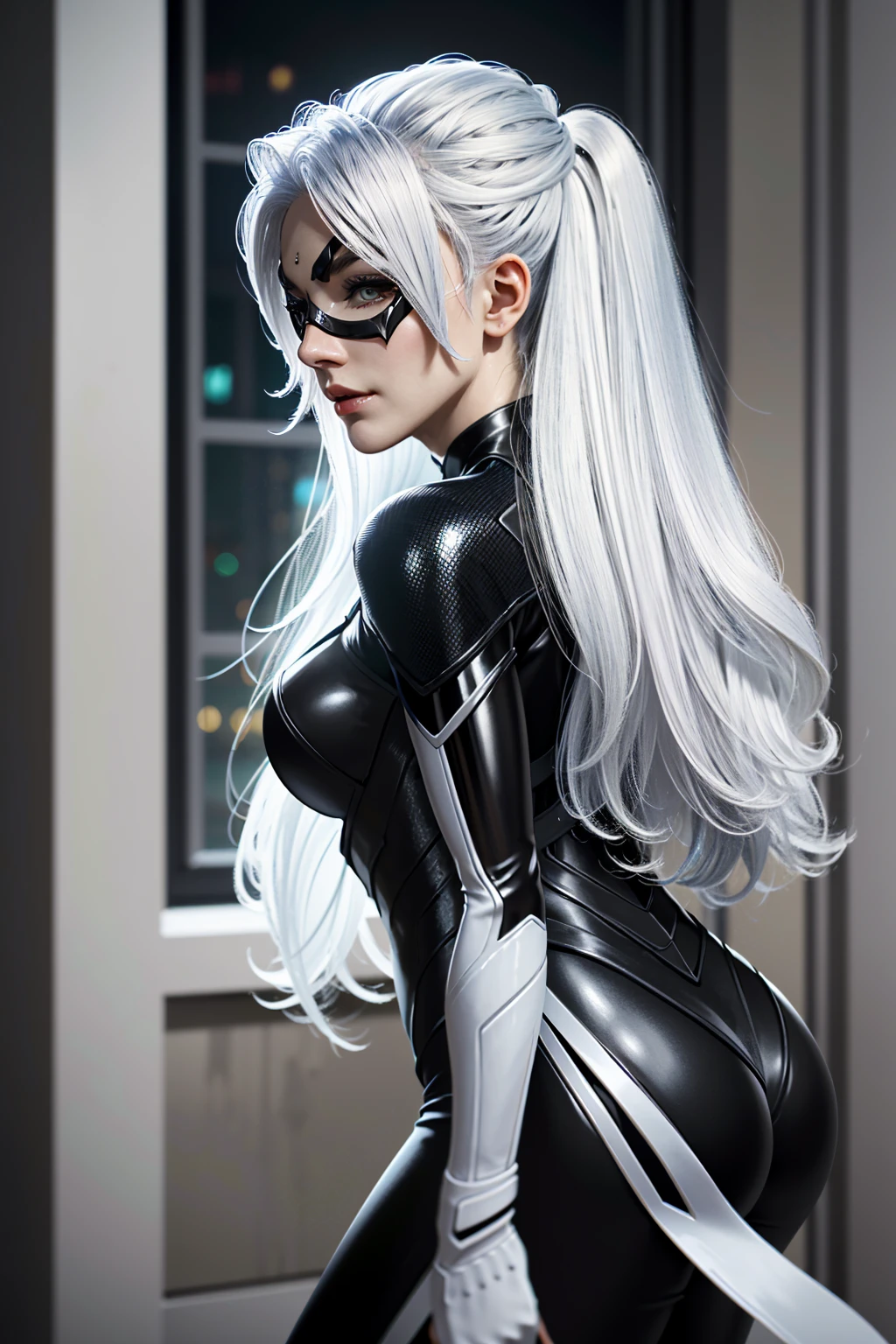 ((ultra detailed, masterpiece, absurdres))
 SpiderBlackCat, 1girl, mask, white hair, long hair, Side view with a playful expression