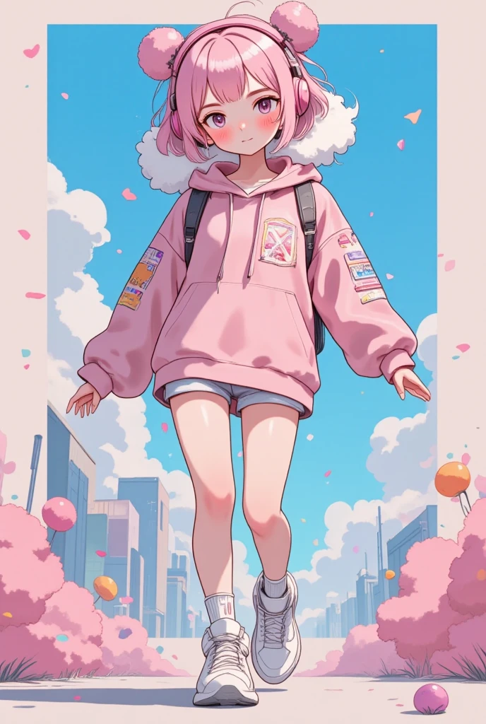 pink headphone-themed character,  wear big sneakers ,  cyberpunk,  background is easy to keep ,, Pale  pink hair, Cloud Hair,  LIGHT SMILE, Closed Eyes,  pink hair, whole body, magazine cover, magazineデザイン, magazine, Projected Inset, 超 high res,  high res,  top quality , 8k、 enter text 、walk:1.3、Woman looking at camera 、 cute girl、 robot ,
