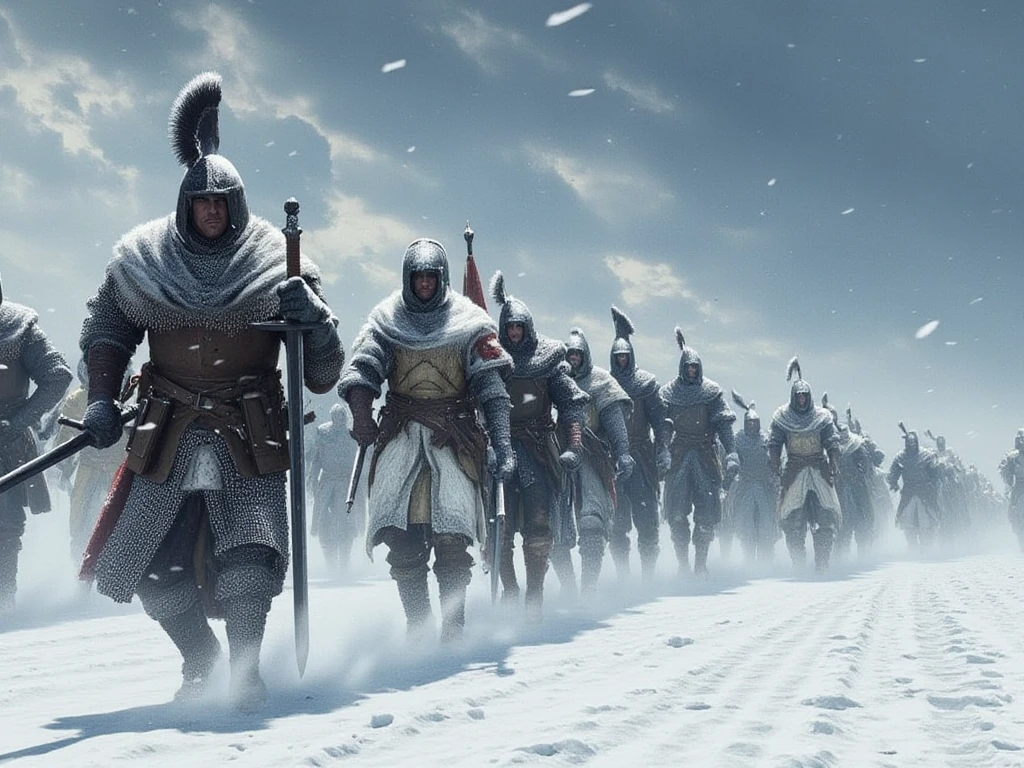  depicting Crusader knights crossing a snowy field under a blizzard sky.