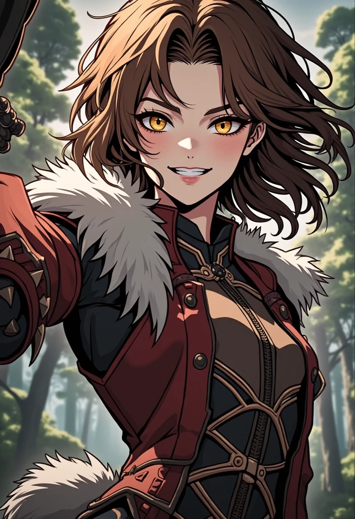 Ghibli-like colors, flower, back lit lighting, blend, Optical illusion, From above, Masterpiece, High quality, 1080p, A medium-sized portrait of a -yeld gi Anime style, with curly red hair, Devil's ears, Paired with demon armor, red - eyed, open mouth in a big smile, fangs showing, Heavy makeup