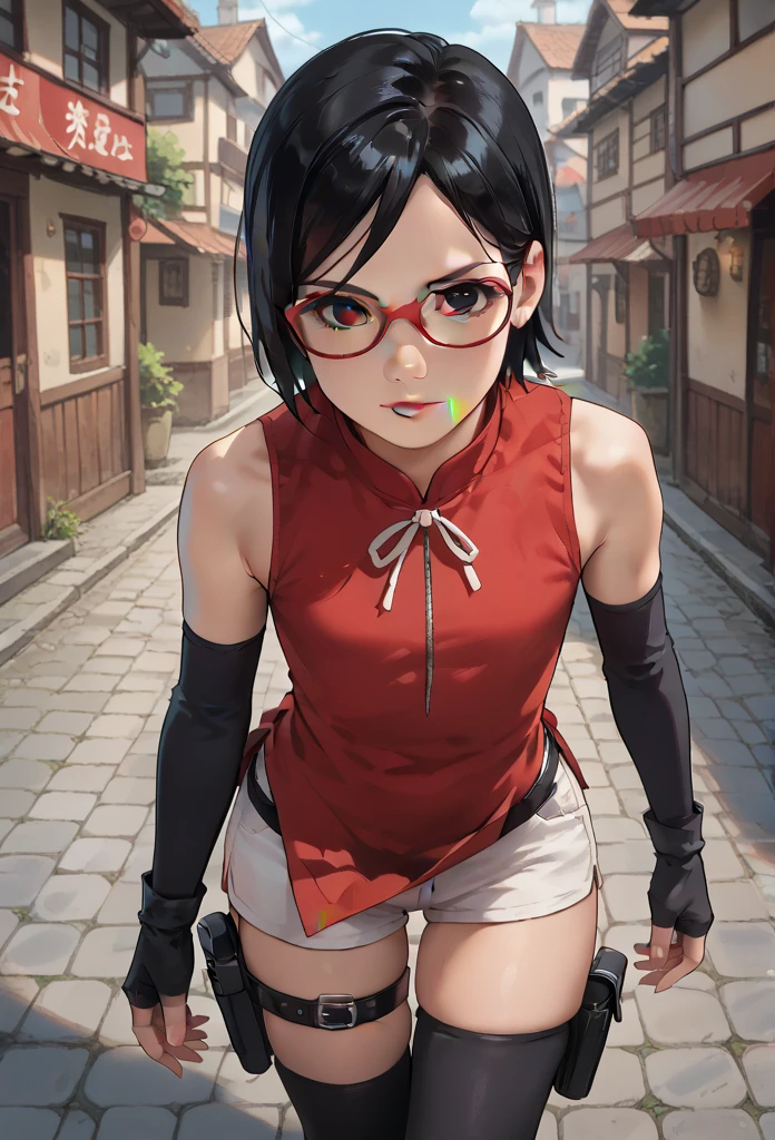 solo, rating_safe, perfect face, perfect eyes, BBC_Chan Style, Sarada Uchiha, solo, 1girl, black hair, short hair, red-framed eyewear, glasses, black eyes,red dress, sleeveless, elbow gloves, black gloves, fingerless gloves, white shorts, black thighhighs, thigh holster, large round butt, bubble butt ,konohagakure village pathway, flat chest, very wide hips, thick thighs 