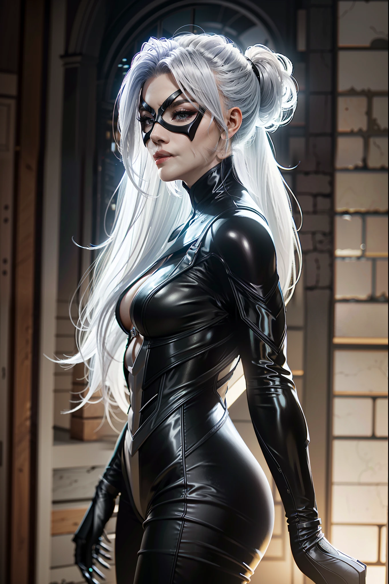 ((ultra detailed, masterpiece, absurdres))
 SpiderBlackCat, 1girl, mask, white hair, long hair, Side view with a playful expression