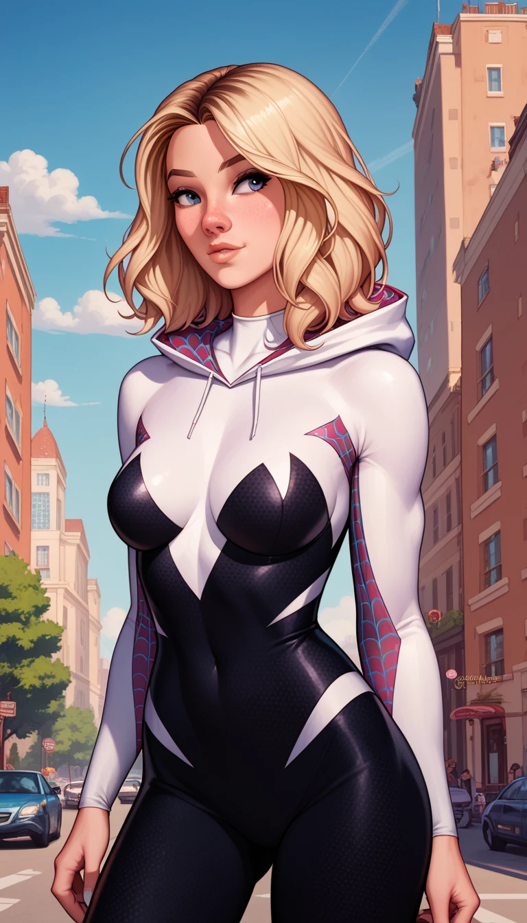 ((best quality)), (highly detailed:1.2), masterpiece, ((official art)),1girl, solo,spider gwen,hood, completely black clothing, looking to the side, body to the side, the body is to the side, she's standing, pernas abertas, bernas grossas, bunda grande, peitos grandes,