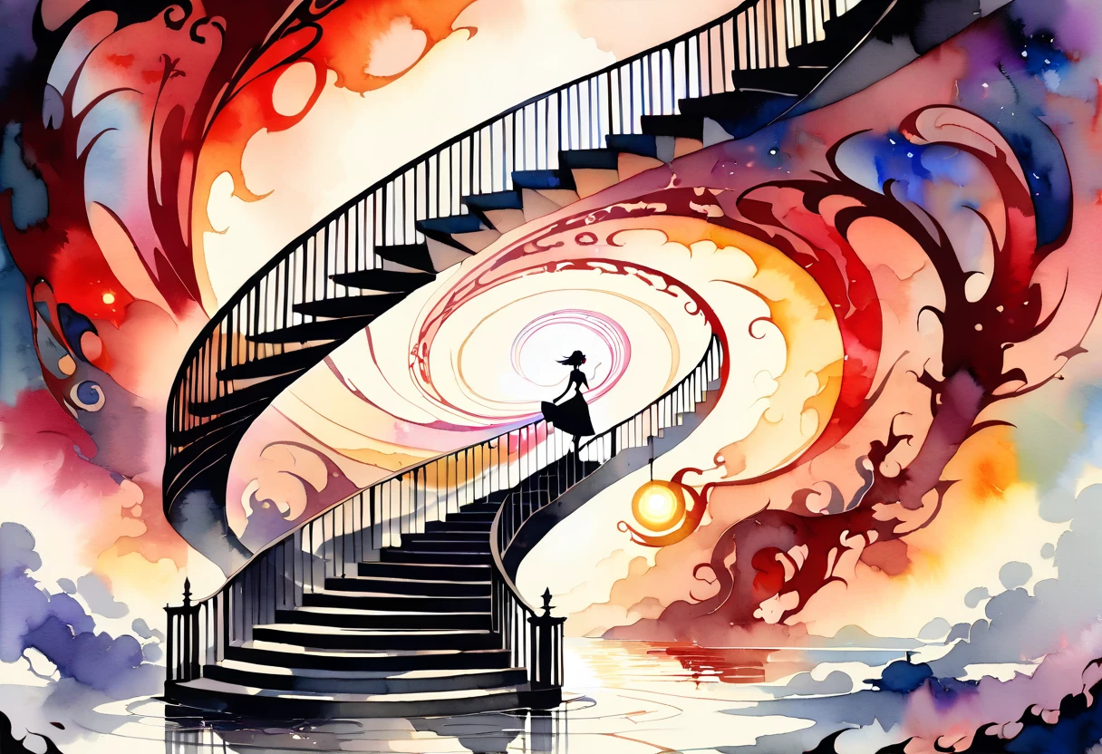 (((An elaborate watercolor painting depicting a beautiful black-and-white spiral staircase leading from hell to paradise))),(((Soul Love ))),(( top quality ,masterpiece:1.5)),(( sacred)),((Dazzling light)),( Large Coloured Photons :1.5),( pearl white ),(Perfect Anatomy),( Ultra High Quality ),( detailed background),(Artwork),(Great harmony ),(The 々 creatures you depict are beautiful),Desaturated:1.1, Rich Color Palette ,Beautiful and fantastic lighting, anime style,truth,joy,thank you,comfortable,fair,Elegance,Polite , true strength , full of vitality ,altruism,Beautiful,clean, soft,Here and now , Forget Time ,Unadorned ,fun,continuation