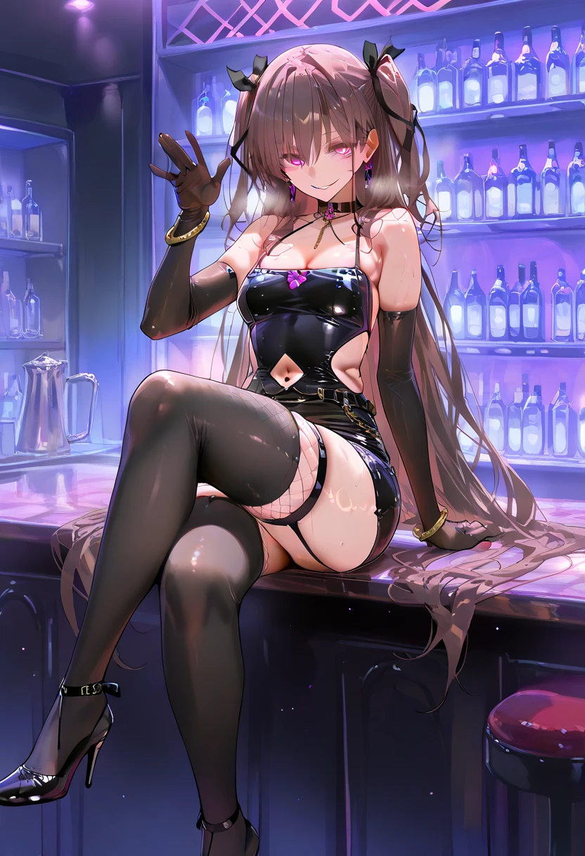 (masterpiece, best quality:1.2),  1girl, sitting in bar, knee up, crossed legs, MizukiYukikaze, 1 girl, brown hair, very long hair, two sides up,hairing, pink eyes, hair ribbon, small breasts, slim body, (( brown hair)), twin tails, ((Pink Eyes)), Details Eyes, clothes cutout, navel, naughty face, evil smile, waving, tight dress, skin-tight, waist cutout, bodycon, micro dress, (black dress), cleavage, thighs, black latex, fishnet thigh highs, looking at viewer, bare shoulders, elbow gloves, belt choker, bracelet, earrings, jewelry, black chain, heart-shaped, o-rings, lace-trimmed, oily skin, platform heels, black (highheels:1.3), bar counter, cocktail, dark theme, purple light, condom belt, dark theme, messy hair, netorare, cheating (relationship), corruption, evil, bitch, humiliation