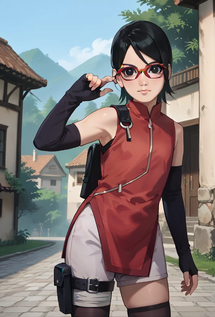 solo, rating_safe, perfect face, perfect eyes, BBC_Chan Style, Sarada Uchiha, solo, 1girl, black hair, short hair, red-framed eyewear, glasses, black eyes,red dress, sleeveless, elbow gloves, black gloves, fingerless gloves, white shorts, black thighhighs, thigh holster, large round butt, bubble butt ,konohagakure village pathway, flat chest, very wide hips, thick thighs 