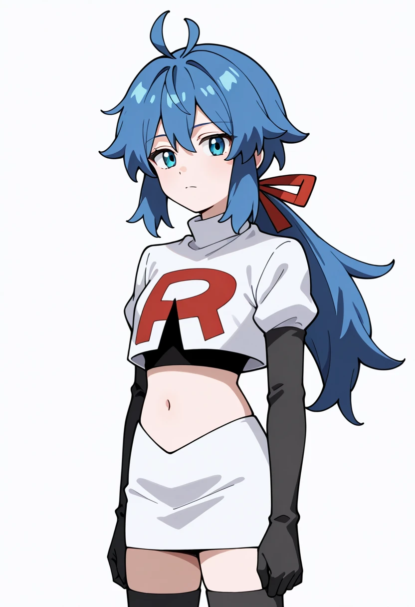 masterpiece, best quality, white background, looking the viewer, 
 1girl, blue hair, blue eyes, hair ribbon, ahoge, long hair, ponytail,  hair between eyes, red ribbon, navel, team rocket,team rocket uniform,white skirt,red letter R,crop top,black thigh-highs,black elbow gloves, cowboy shot