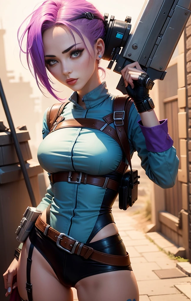 Natalina Aurora, full body shot, perfect face. Sketch book, full body in frame. female, Full body, A sporty woman with short purple hair on the back of her head and very long at the temples beautiful, She is dressed in a white tank top, jeans short pants and tactical boots magnum gun on her waist