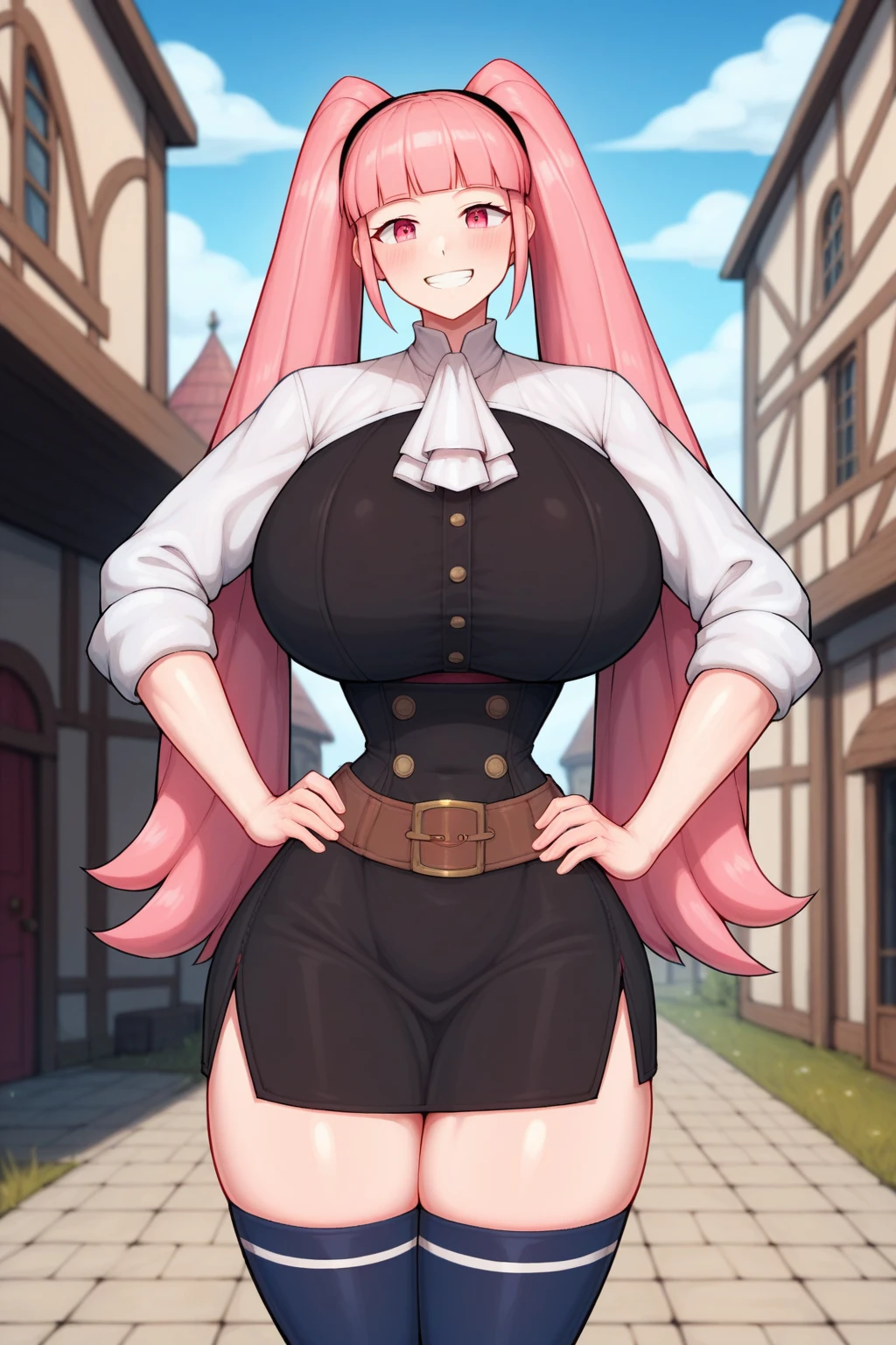 h1ldadef, Hilda from Fire Emblem, Pink Hair, Pink Eyes, White Skin, Twintails, Pigtails, Straight Hair, Hands on Hips, Blunt Bangs, Short Dress, Black Dress, Buttons, Brown Belt, White Shirt, White Ascot, Sleeves Rolled Up, Dark Blue Thigh Highs, Outside a Medieval Building, Blue Sky, Petite Frame, Huge Breasts, Huge Breasts, Massive Breasts, Wide Hips, Thin Waist, Very Thin Waist, Wasp Waist, Solo, Aerial View, Smiling, (cartoon-style bold line work:1.2), vibrant colors, cel shading, Simplistic Art Style, looking at viewer, solo