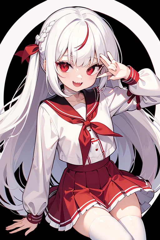 Vampire, red ribbon sailor shirt, red eyes, white skirt, white hair, french braid, white thighhighs, fangs, mischievous smile