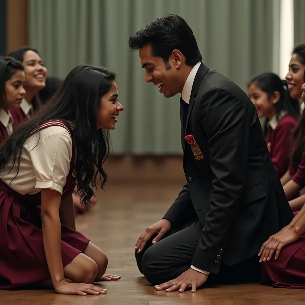Create a realistic photograph of a smiling and beautiful indian college girl in black uniform suit carrying a obese man on her shoulder , in a  room, man is sitting on her shoulder, man on top, woman standing at bottom 