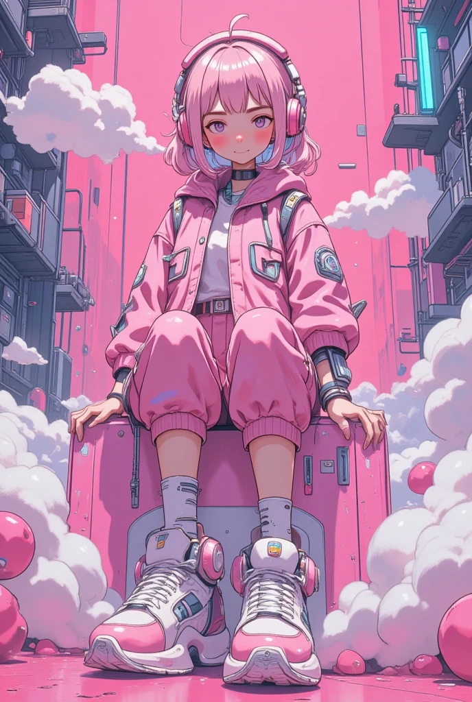 pink headphone-themed character,  wear big sneakers ,  cyberpunk,  background is easy to keep ,, Pale  pink hair, Cloud Hair,  LIGHT SMILE, Closed Eyes,  pink hair, whole body, magazine cover, magazineデザイン, magazine, Projected Inset, 超 high res,  high res,  top quality , 8k、 enter text 、walk:1.3、Woman looking at camera 、 cute girl、 robot ,face off,
