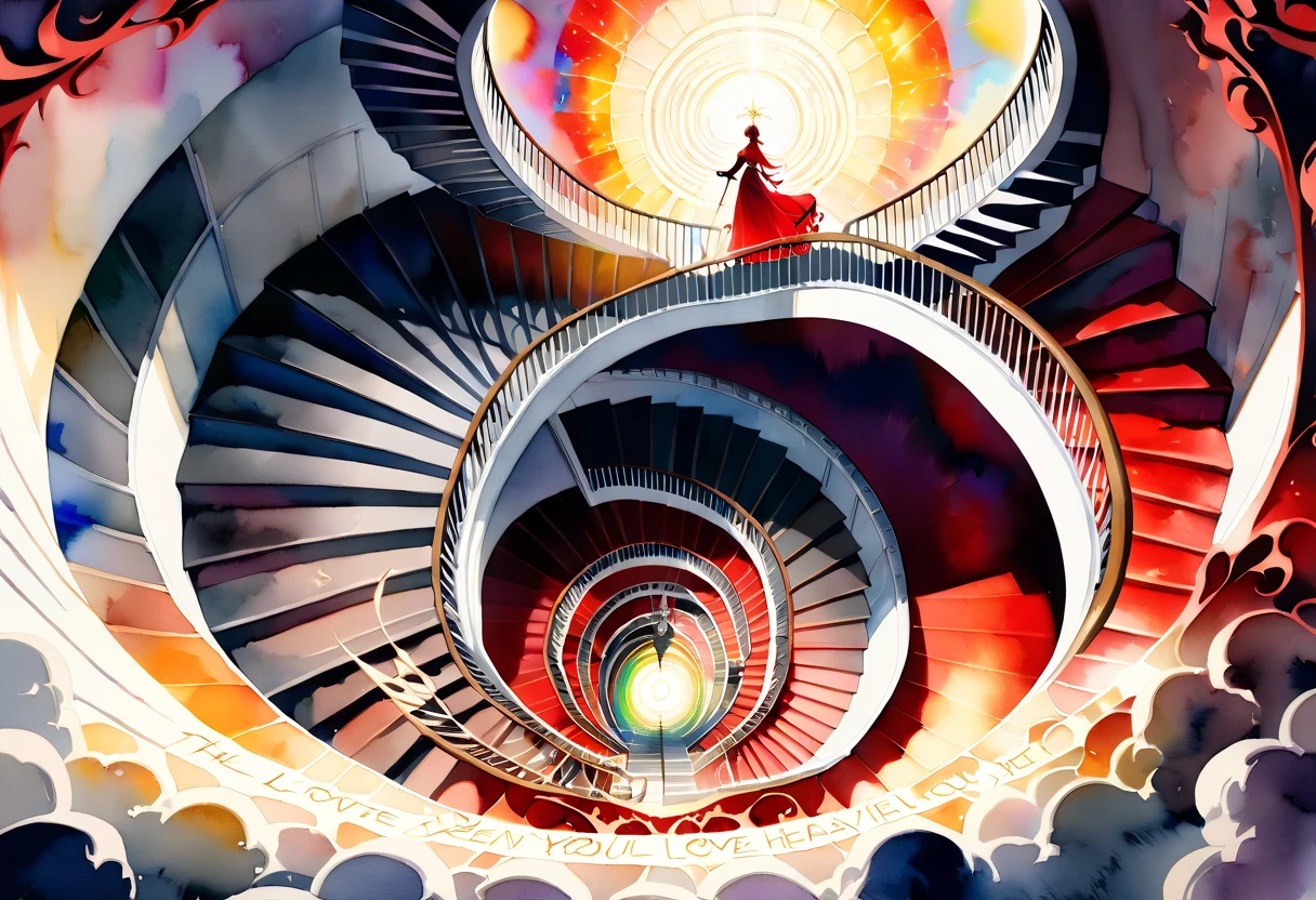 (((An elaborate watercolor painting depicting a beautiful black-and-white spiral staircase leading from hell to heaven))),(((Soul Love ))),(( top quality ,masterpiece:1.5)),(( sacred)),((Dazzling light)),( Large Coloured Photons :1.5),( pearl white ),(Perfect Anatomy),( Ultra High Quality ),( detailed background),(Artwork),(Great harmony ),(The 々 creatures you depict are beautiful),Desaturated:1.1, Rich Color Palette ,Beautiful and fantastic lighting, anime style,truth,joy,thank you,comfortable,fair,Elegance,Polite , true strength , full of vitality ,altruism,Beautiful,clean, soft,Here and now , Forget Time ,Unadorned ,fun,continuation