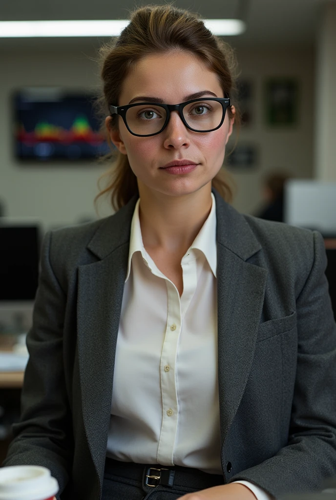 Ultra-realistic documentary-style portrait capturing a typical early 20s Russian office worker. Gray business suit slightly rumpled from a long day, left shoulder slightly drooping, jacket button slightly undone. White blouse with a small coffee stain near the collar. Thick black-rimmed glasses sitting unevenly, one arm slightly bent. Hair in a messy ponytail with a few escaped wisps framing her face. Subtle signs of fatigue: light under-eye shadows, a barely perceptible tension in her facial muscles. Skin with natural imperfections - a healing blemish near the chin, uneven texture, faint stress-induced redness. Expression pragmatic and slightly distracted, eyes not perfectly centered, suggesting mid-thought interruption. Posture slightly hunched, suggesting the weight of ongoing work stress. Fluorescent office lighting creating unflattering shadows, highlighting the raw, unpolished reality of daily office life. Background cluttered with typical office ephemera - a half-empty coffee cup, scattered papers, forex trading monitor with chaotic data screens. Photographic style capturing the genuine, unfiltered moment of a young professional in her natural workplace habitat. looking straight at the camera