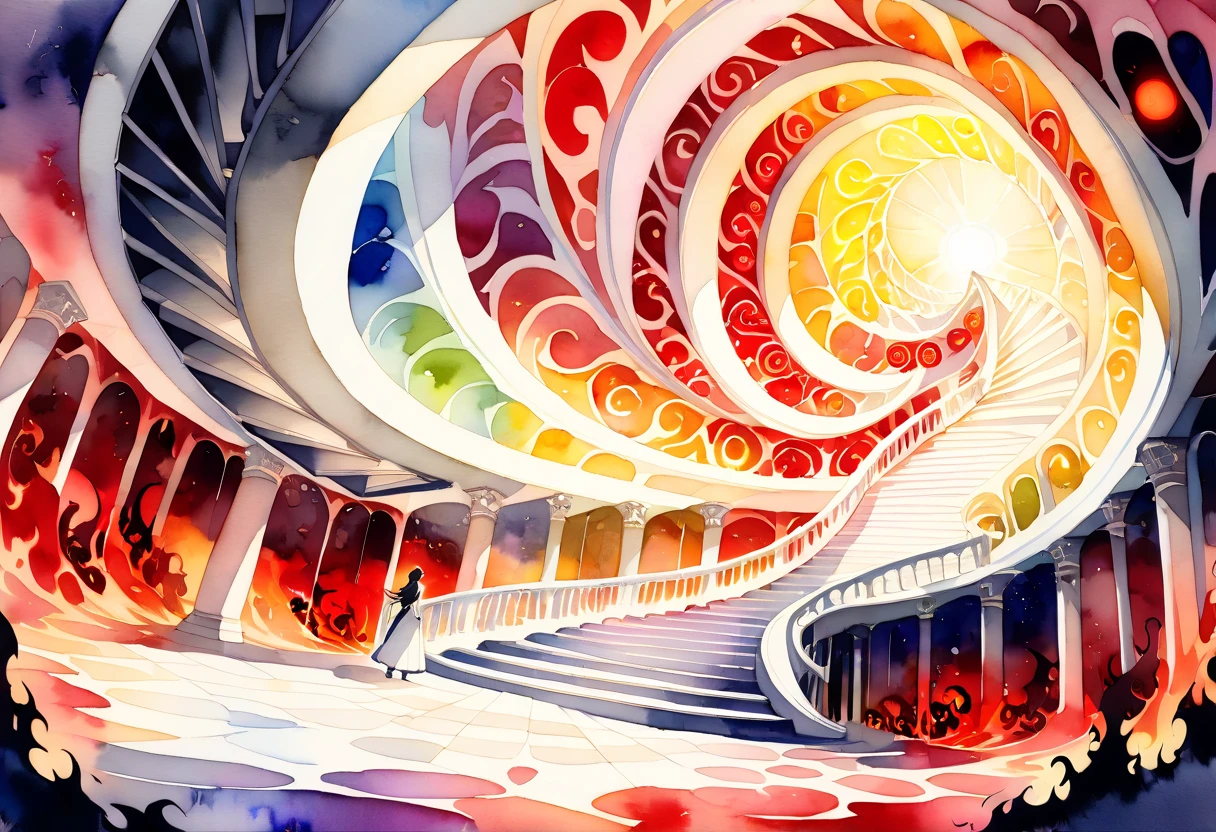 (((An elaborate watercolor painting depicting a beautiful black-and-white spiral staircase leading from hell to paradise))),(((Soul Love ))),(( top quality ,masterpiece:1.5)),(( sacred)),((Dazzling light)),( Large Coloured Photons :1.5),( pearl white ),(Perfect Anatomy),( Ultra High Quality ),( detailed background),(Artwork),(Great harmony ),(The 々 creatures you depict are beautiful),Desaturated:1.1, Rich Color Palette ,Beautiful and fantastic lighting, anime style,truth,joy,thank you,comfortable,fair,Elegance,Polite , true strength , full of vitality ,altruism,Beautiful,clean, soft,Here and now , Forget Time ,Unadorned ,fun,continuation