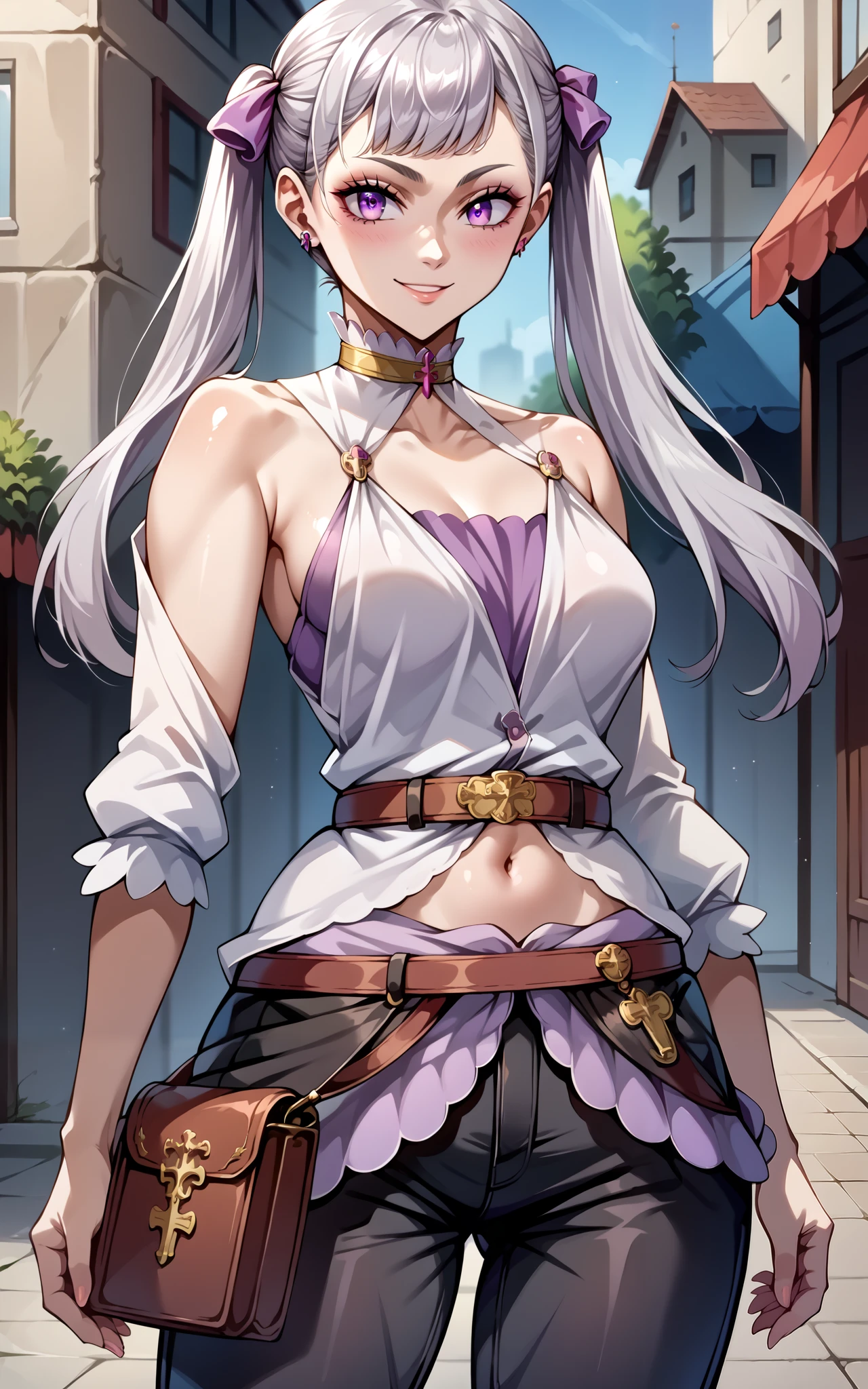 score_9, score_8_up, score_7_up, source_anime,4K,perfect fingers,(perfect hands, perfect anatomy),
noelle silva, grey hair, purple eyes, twintails, hair ribbon, 
Wearing ((separate,shiny black pants, belt, waist pouch, navel, bare shoulders, bare breasts)),
Standing,looking at viewer,seductive pose,teasing smile, NSFW,