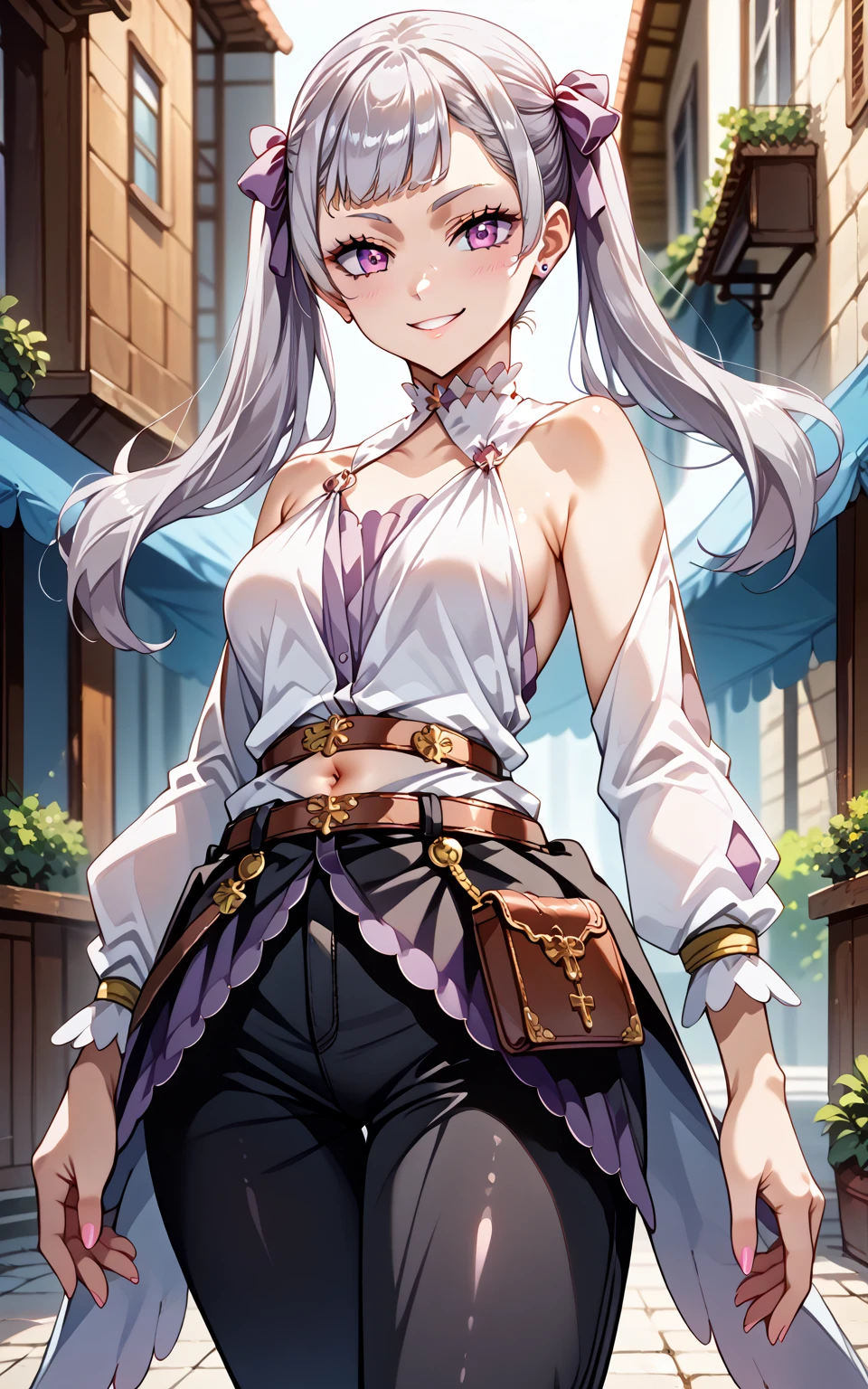 score_9, score_8_up, score_7_up, source_anime,4K,perfect fingers,(perfect hands, perfect anatomy),
noelle silva, grey hair, purple eyes, twintails, hair ribbon, 
Wearing ((separate,shiny black pants, belt, waist pouch, navel, bare shoulders, bare breasts)),
Standing,looking at viewer,seductive pose,teasing smile, NSFW,