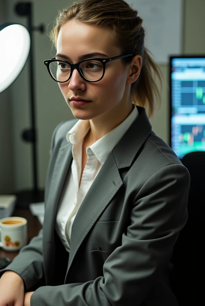 Ultra-realistic documentary-style portrait capturing a typical early 20s Russian office worker. Gray business suit slightly rumpled from a long day, left shoulder slightly drooping, jacket button slightly undone. White blouse with a small coffee stain near the collar. Thick black-rimmed glasses sitting unevenly, one arm slightly bent. Hair in a messy ponytail with a few escaped wisps framing her face. Subtle signs of fatigue: light under-eye shadows, a barely perceptible tension in her facial muscles. Skin with natural imperfections - a healing blemish near the chin, uneven texture, faint stress-induced redness. Expression pragmatic and slightly distracted, eyes not perfectly centered, suggesting mid-thought interruption. Posture slightly hunched, suggesting the weight of ongoing work stress. Fluorescent office lighting creating unflattering shadows, highlighting the raw, unpolished reality of daily office life. Background cluttered with typical office ephemera - a half-empty coffee cup, scattered papers, forex trading monitor with chaotic data screens. Photographic style capturing the genuine, unfiltered moment of a young professional in her natural workplace habitat. looking straight at the camera