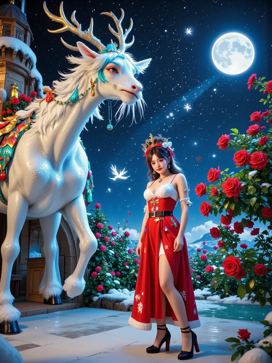  A red rose garden castle with ice sculptures ， The side of the castle reflects frozen red roses blooming ， An elegant Chinese aristocrat girl strolling through it， in a flowing ice crystal dress ， Blending with the surroundings。White and ice blue tones 。 realistic photography style 、 fantasy art aesthetics 、 movie lights、 Chinese bizarre aesthetics 、 Romantic scenery、Thin lines 、 Unreal Engine rendering、 ethereal rendering 、 Wonderland Background 、 natural light，8k， Delicate Details ，, a mythical animal in beautiful lighting effects ， fantasy engine 