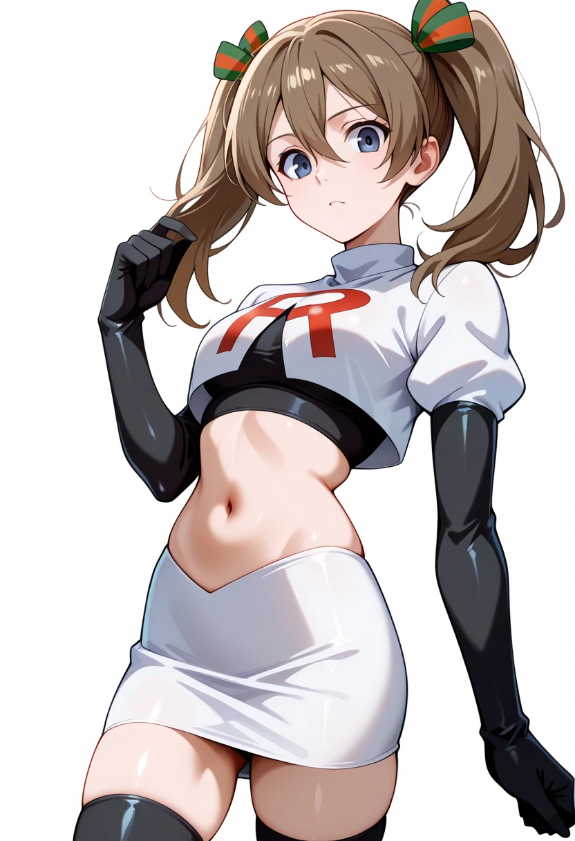 masterpiece, best quality, white background, looking the viewer,
 akwendy, brown hair, 1girl, twintails, long hair, blue eyes, hair ribbon, hair between eyes, navel, team rocket,team rocket uniform,white skirt,red letter R,crop top,black thigh-highs,black elbow gloves, cowboy shot