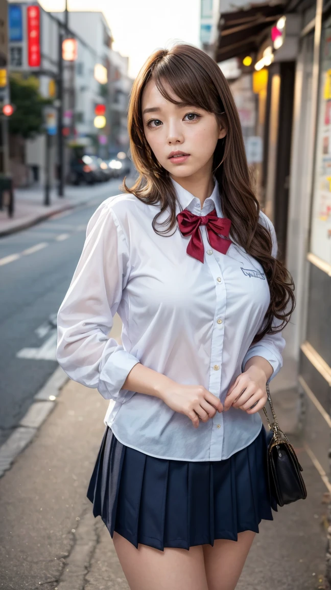 a beautiful 18 year old Japanese high school girl with perfect anatomy, healthy thighs, beautiful legs, beautiful skin, random hair color and style, large breasts, (wearing a Japanese schoolgirl uniform:1.3), (she is standing:1.2), penny loafers, holding a student bag, full body shot, standing on a city street, (best quality,4k,8k,highres,masterpiece:1.3),(extremely detailed:1.2), photorealistic, ultra-detailed, vivid colors, studio lighting, professional, Ai Shinozaki