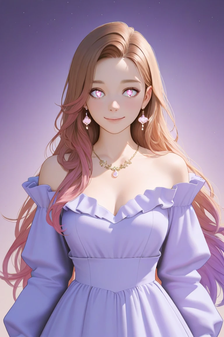 A confident and elegant woman with soft wavy long hair, colored in deep brown or ash tones, wearing a chic off-shoulder dress in light pastel colors (lavender, beige, or pink). She has a gentle and radiant smile with sparkling eyes full of confidence. Accessories include subtle gold or pearl earrings and a delicate necklace. The background features soft light with floral and starry elements, symbolizing charm and transformation. Her posture is poised and regal, exuding strength and femininity. Ultra-detailed, cinematic lighting, smooth brushstrokes, realistic yet slightly dreamy aesthetic.