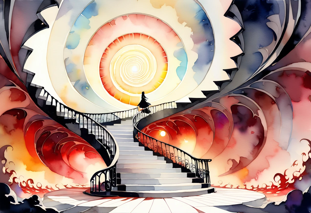 (((An elaborate watercolor painting depicting a beautiful black-and-white spiral staircase leading from hell to paradise))),(((Unconditional Love))),(( top quality ,masterpiece:1.5)),(( sacred)),((Dazzling light)),( Large Coloured Photons :1.5),( pearl white ),(Perfect Anatomy),( Ultra High Quality ),( detailed background),(Artwork),(Great harmony ),(The 々 creatures you depict are beautiful),Desaturated:1.1, Rich Color Palette ,Beautiful and fantastic lighting, anime style,truth,joy,thank you,comfortable,fair,Elegance,Polite , true strength , full of vitality ,altruism,Beautiful,clean, soft,Here and now , Forget Time ,Unadorned ,fun,continuation