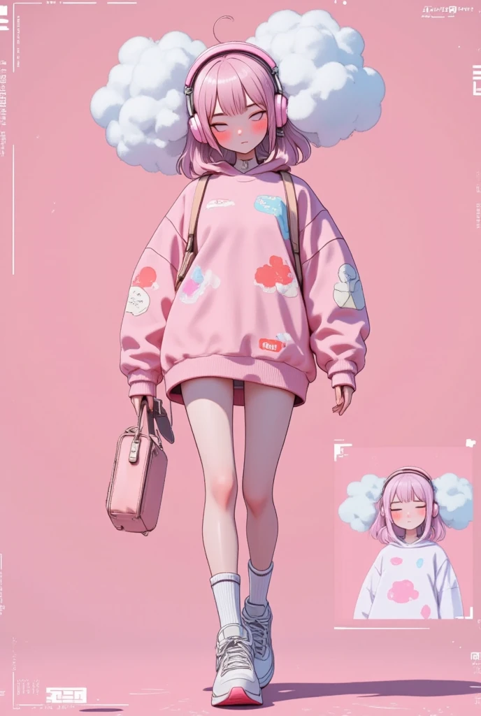 pink headphone-themed character,  wear big sneakers ,  cyberpunk,  background is easy to keep ,, Pale  pink hair, Cloud Hair,  LIGHT SMILE, Closed Eyes,  pink hair, whole body, magazine cover, magazineデザイン, magazine, Projected Inset, 超 high res,  high res,  top quality , 8k、 enter text 、walk:1.3、Woman looking at camera 、 cute girl、 robot ,
