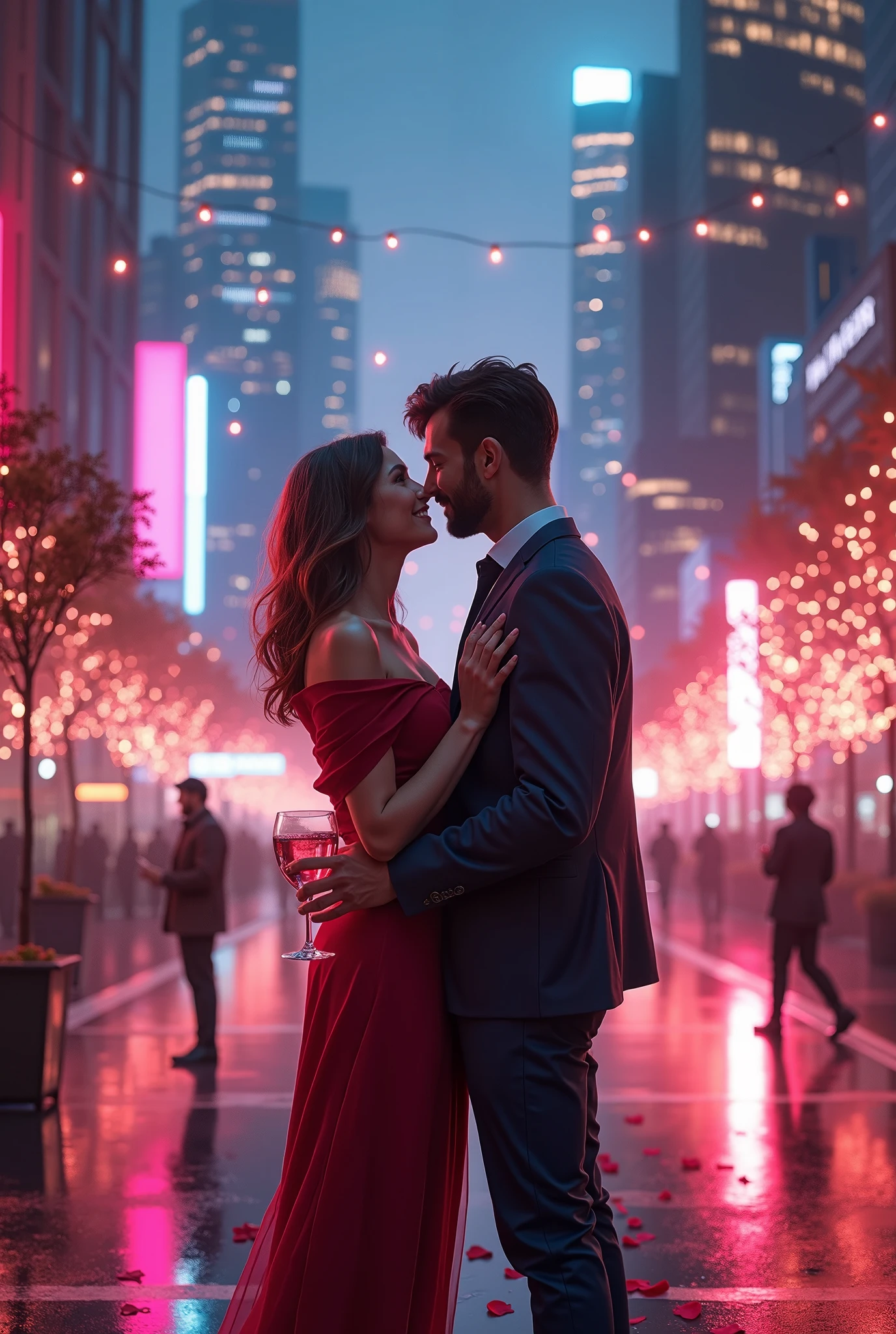 They are standing in the rain in a city at night - SeaArt AI