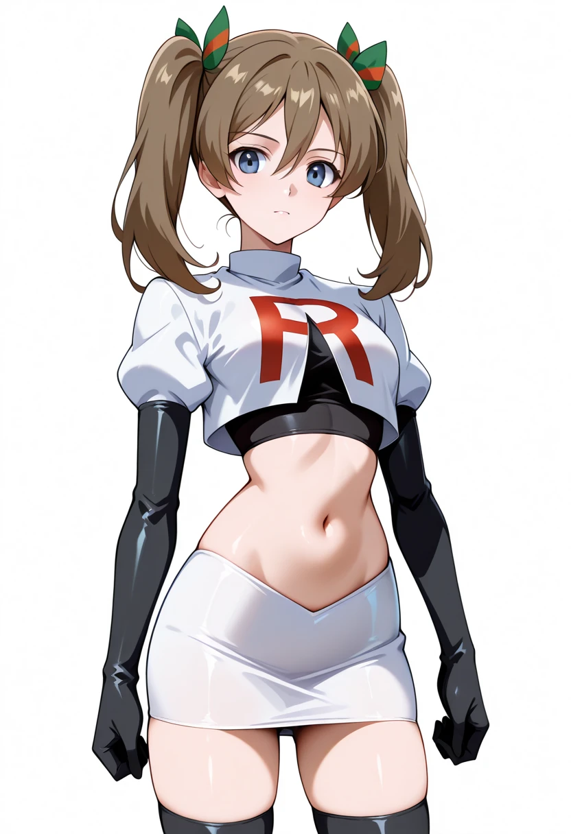 masterpiece, best quality, white background, looking the viewer,
 akwendy, brown hair, 1girl, twintails, long hair, blue eyes, hair ribbon, hair between eyes, navel, team rocket,team rocket uniform,white skirt,red letter R,crop top,black thigh-highs,black elbow gloves, cowboy shot