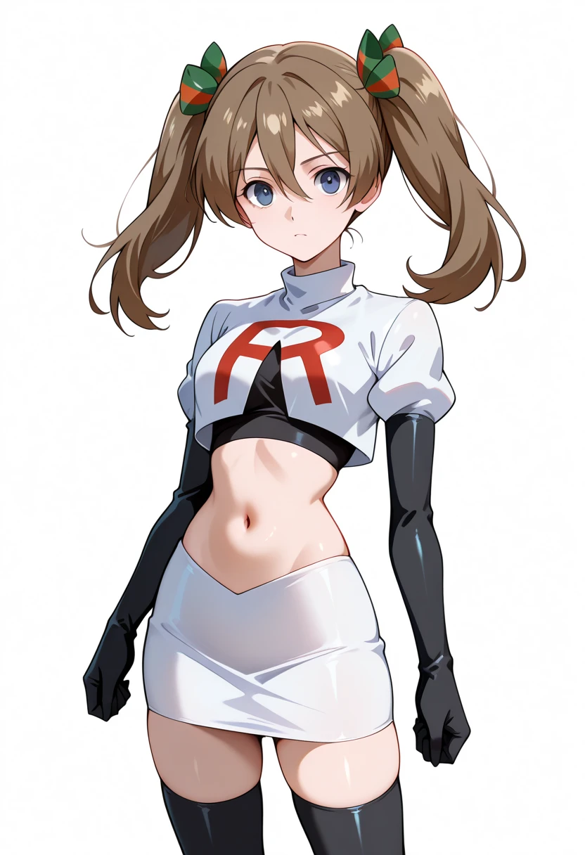 masterpiece, best quality, white background, looking the viewer,
 akwendy, brown hair, 1girl, twintails, long hair, blue eyes, hair ribbon, hair between eyes, navel, team rocket,team rocket uniform,white skirt,red letter R,crop top,black thigh-highs,black elbow gloves, cowboy shot