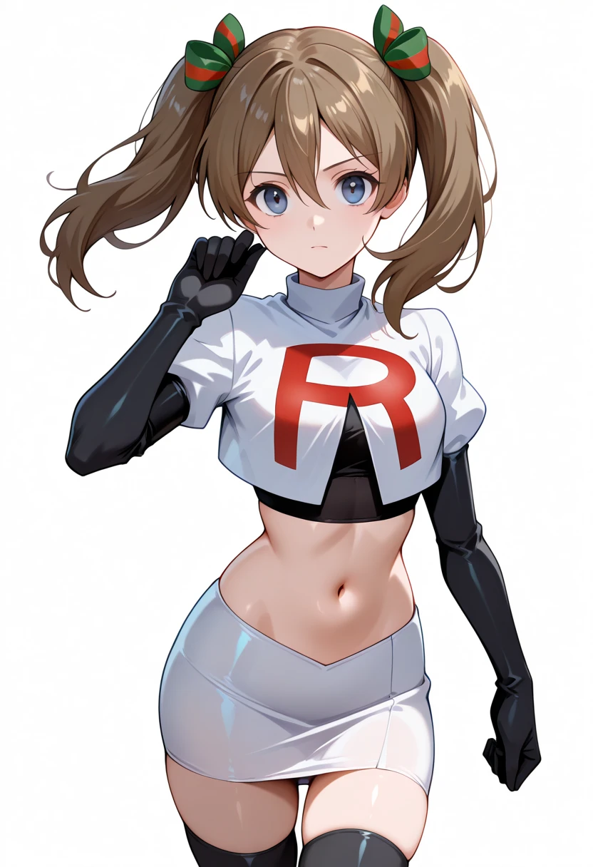 masterpiece, best quality, white background, looking the viewer,
 akwendy, brown hair, 1girl, twintails, long hair, blue eyes, hair ribbon, hair between eyes, navel, team rocket,team rocket uniform,white skirt,red letter R,crop top,black thigh-highs,black elbow gloves, cowboy shot