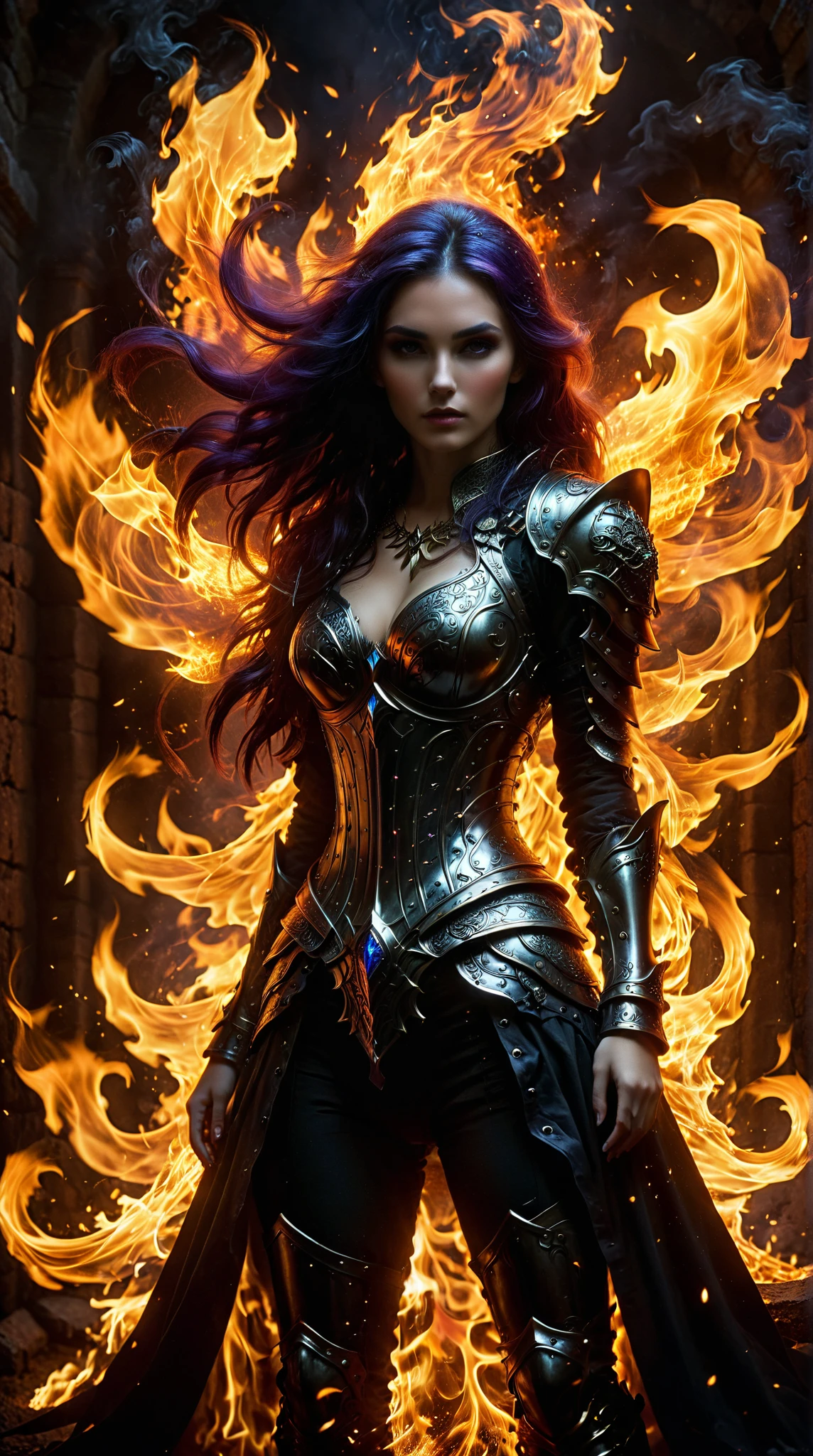 masterpiece， Best Quality ， High Quality ， darkness，beauty， black magic， Mystery，Fierce， Fiery Hair，Valeria ，armor，Fire Magic， Unforgettable 