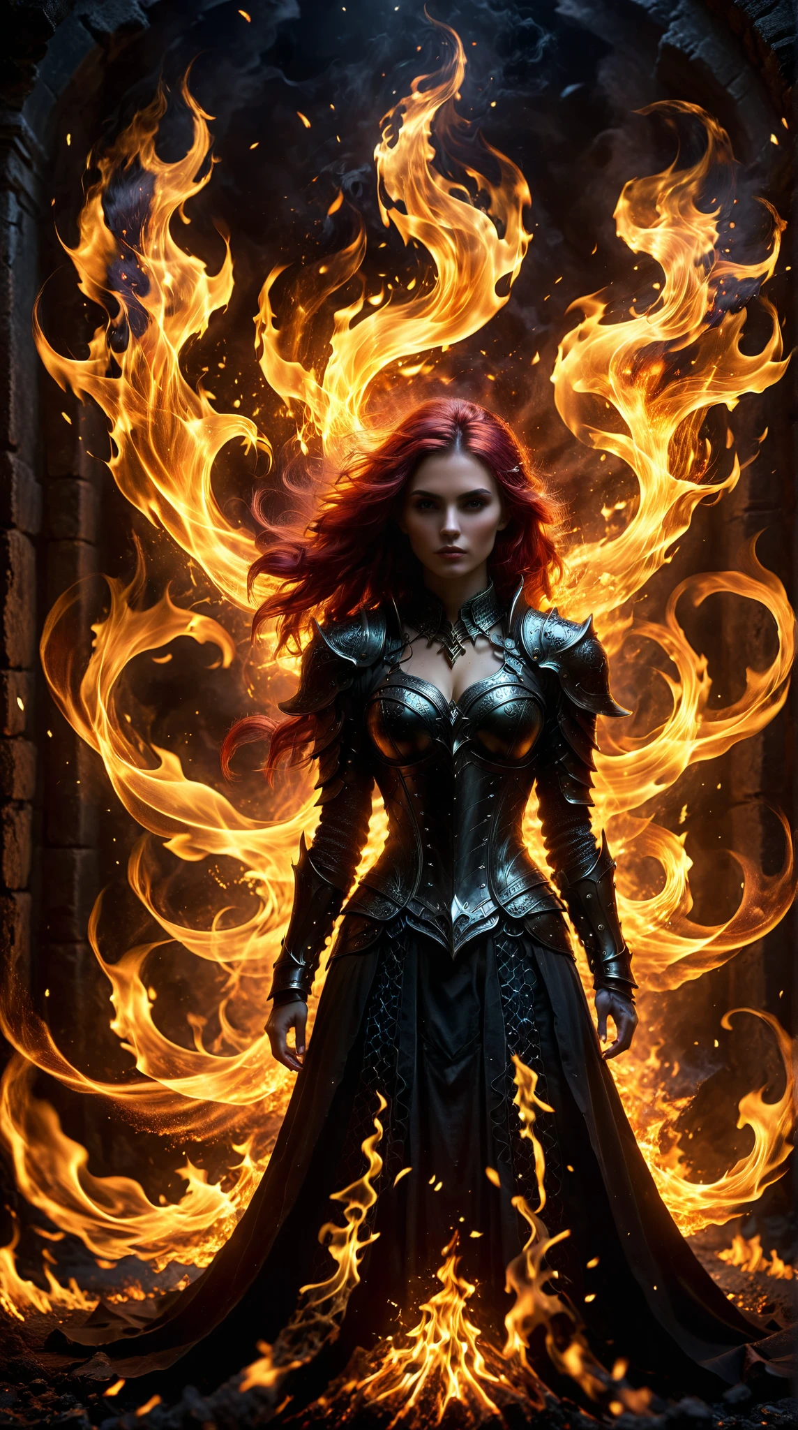 masterpiece， Best Quality ， High Quality ， darkness，beauty， black magic， Mystery，Fierce， Fiery Hair，Valeria ，armor，Fire Magic， Unforgettable 