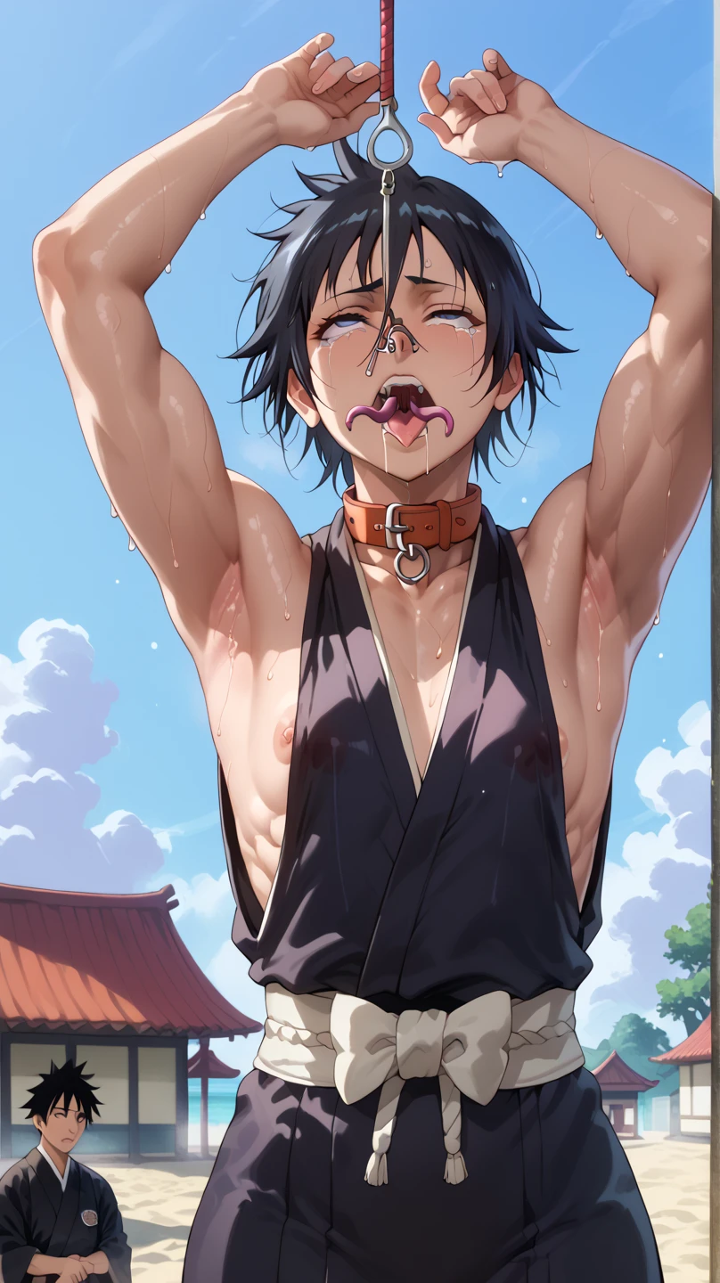 a picture, inspired by Kentaro Miura, trending on pixiv, soifon from bleach, black uniform, favorite scene, fine details, skins, sweating, small breasts, both hands raised, armpits, (small head),armpits visible, dripping with sweat, more more sweat, ((Japanese clothes)),open mouth,rolling eyes,muscle,kneel down,open legs,For the audience, (muscle:1.2),Looking at the audience, tired, (small breasts),sexy body,perfect body,(drooling), tears, head wet, runny nose, black hair, (dog collar) ,transparent nose hook, tentacle in mouth. 