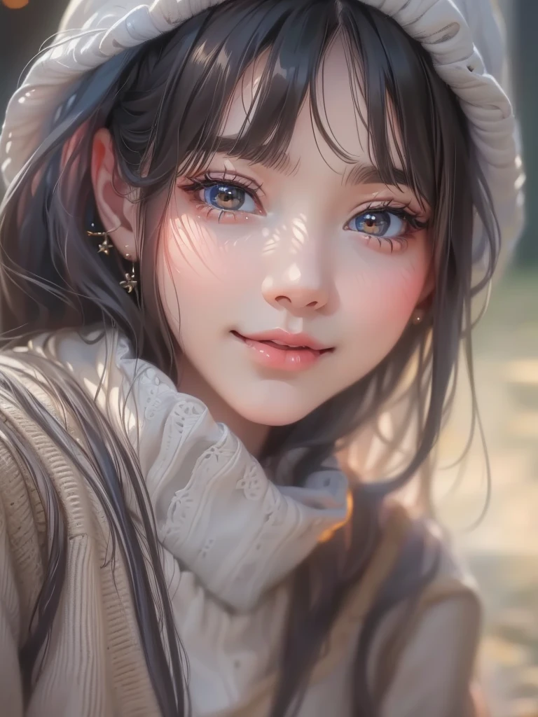 Hyper-realistic,photorealistic,a beautiful young girl, 歳、detailed face, long black hair, wearing a thin オフショルダーのwhite sweater, 立って、 amazing high definition painting