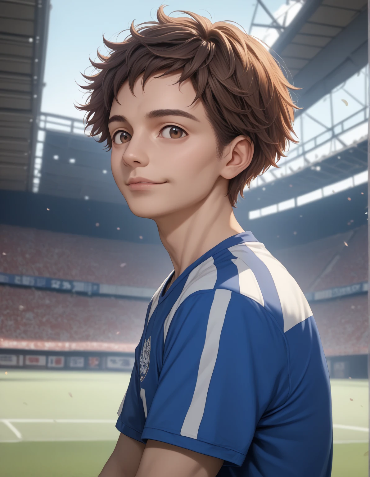  top quality ,  face focus,  soft light,  super high res, ( photo realistic:1.4),  RAW photos ,  1 Japanese boy,  ************ Mother、、 soccer boy with genitals、 anime style、solo,  cute, ( big smile when looking back:0.7), ( brown eyes,  light in the eyes ),  detailed and beautiful face , ( high resolution detail of human skin texture), ( short hair), break, in the blue sky,  soccer uniform,No soccer balls 、whole body、Anime Face