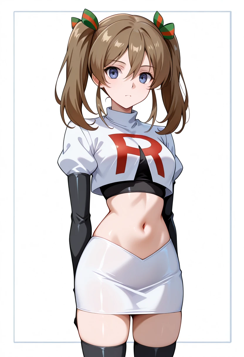 masterpiece, best quality, white background, looking the viewer,
 akwendy, brown hair, 1girl, twintails, long hair, blue eyes, hair ribbon, hair between eyes, navel, team rocket,team rocket uniform,white skirt,red letter R,crop top,black thigh-highs,black elbow gloves, cowboy shot