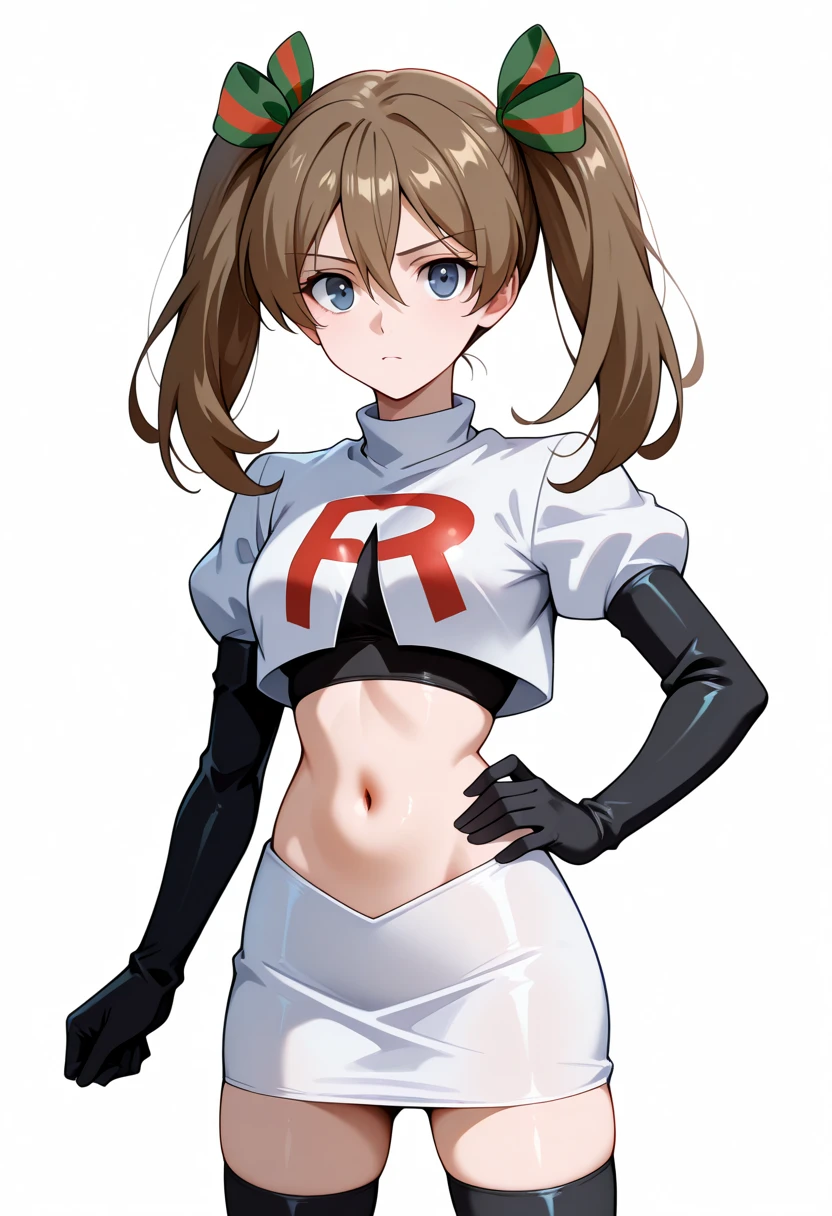 masterpiece, best quality, white background, looking the viewer,
 akwendy, brown hair, 1girl, twintails, long hair, blue eyes, hair ribbon, hair between eyes, navel, team rocket,team rocket uniform,white skirt,red letter R,crop top,black thigh-highs,black elbow gloves, cowboy shot