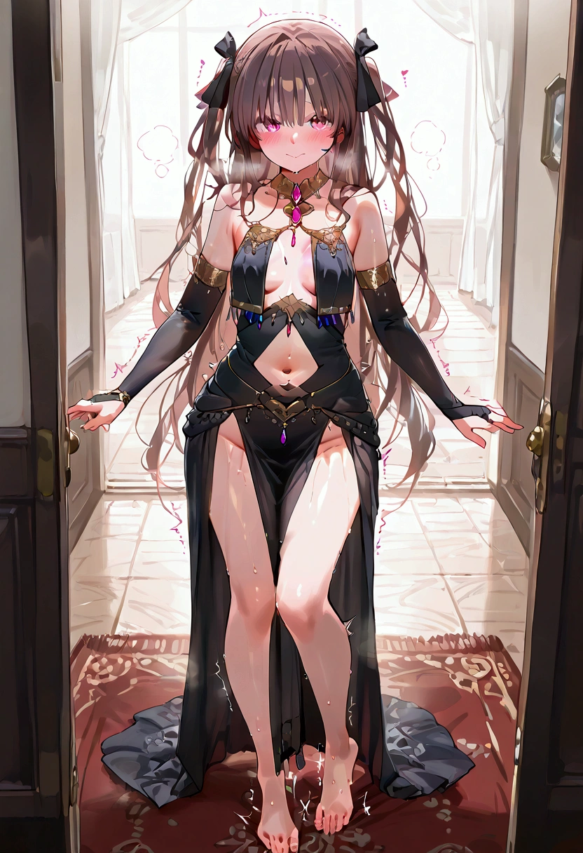 Belly dancer indoors, carpet wooden interior, barefoot, full body, MizukiYukikaze, 1 girl, brown hair, very long hair, two sides up,hairing, pink eyes, hair ribbon, small breasts, slim body, (( brown hair)), twin tails, ((Pink Eyes)), Details Eyes,
, black dress, bare shoulders, no panties, collared dress, neck jewel, jewel, breast curtains, clothing cutout, navel cutout, pelvic curtain, elbow gloves, black gloves, bridal gauntlets, blush, sweaty, steamy, looking at the viewer, (wavy mouth, smile, stealth orgasm, twitching lines), dancing, 