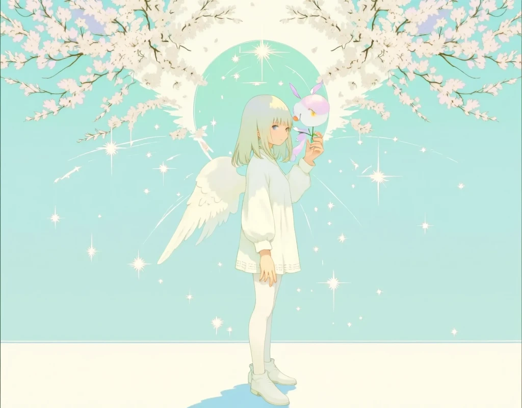 masterpiece, white silhouette art , white shrine maiden with angel wings ,((she kiss a big flower)),from side ,Beautiful design, angelic atmosphere , bright image, glittering particles, shiny, soft color, kawaii anime, cute illustration, angell dust falling, fancy style,