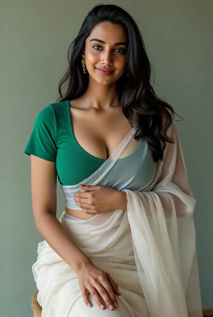 Side Portrait of A topless confident-looking indian woman with long flowing hair, hazel eyes, flowing see through saree, her hair covering her perfect c-cup breasts, sitting in pool, caves background, bokeh, perfect composition, hyperrealistic, super detailed, 8k, high quality, trending art, trending on artstation, sharp focus, studio photo, intricate details, highly detailed, art by greg rutkowski