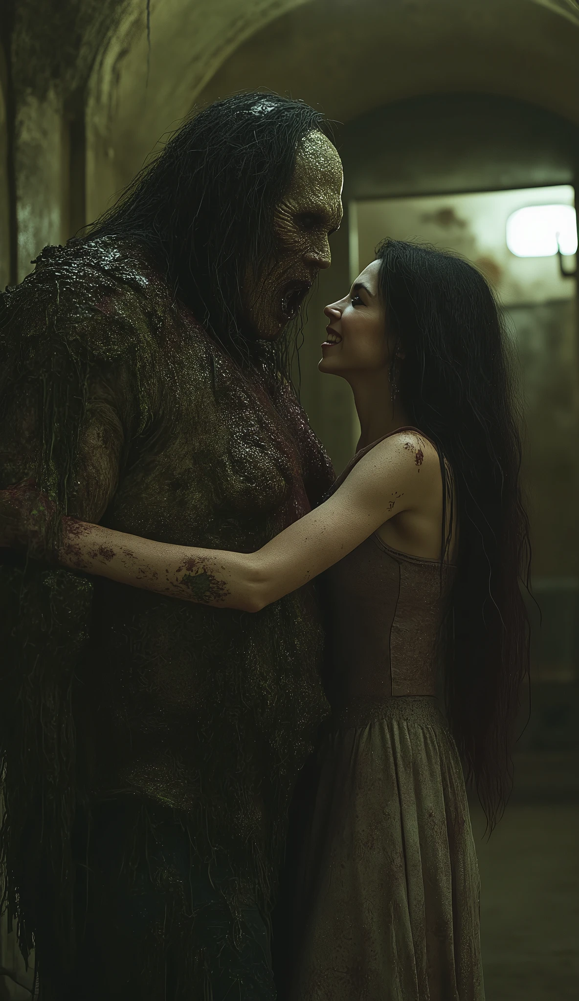  A beautiful woman with flawless skin and long, dark hair,  standing next to a horrible monster , swollen,  with decaying skin and covered in green slime .  Despite their monstrous appearance ,  they look at each other in an intimate and affectionate way ,  while the woman smiles confidently .  The atmosphere is disturbing , with dim and flickering lights .
