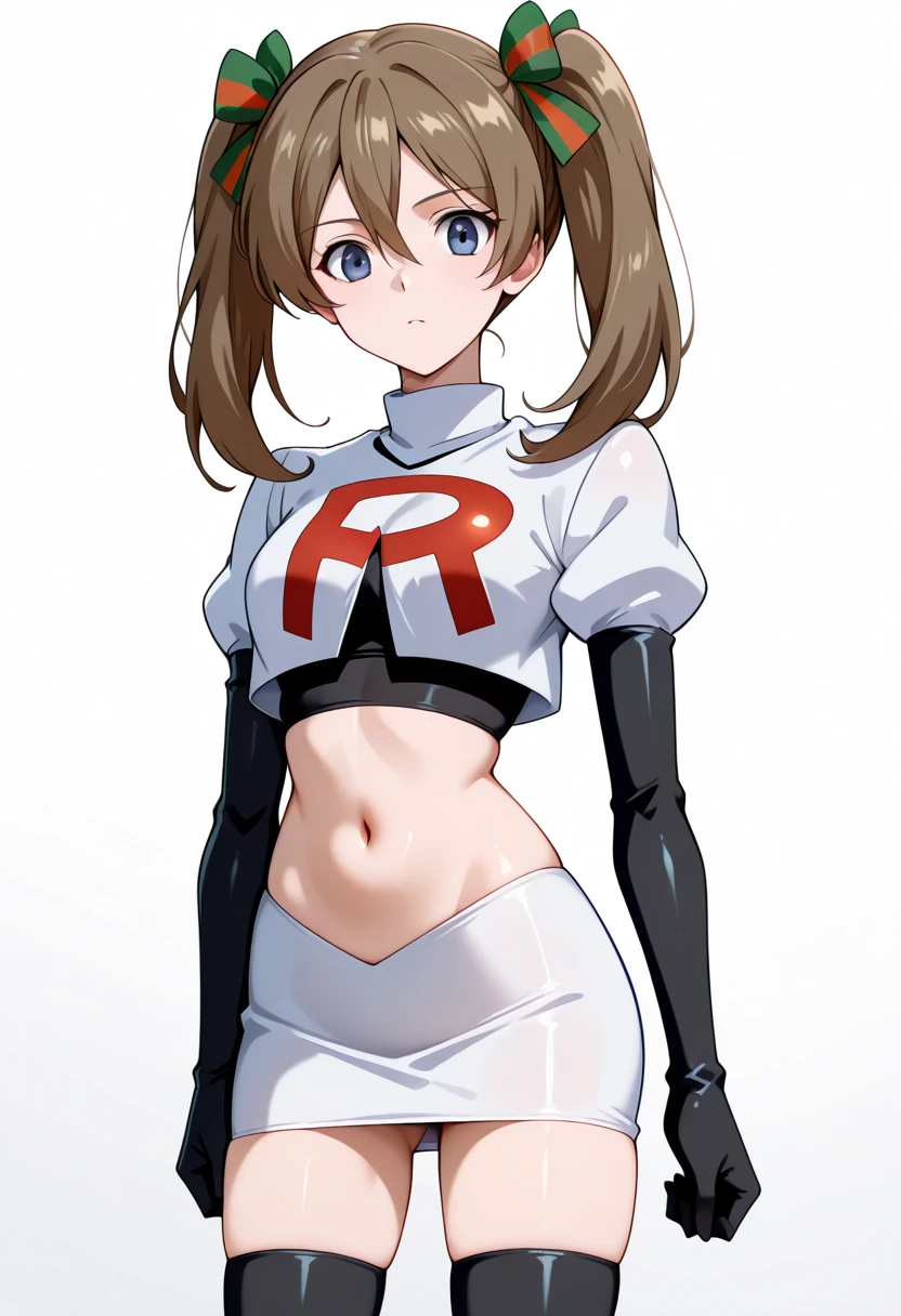 masterpiece, best quality, white background, looking the viewer,
 akwendy, brown hair, 1girl, twintails, long hair, blue eyes, hair ribbon, hair between eyes, navel, team rocket,team rocket uniform,white skirt,red letter R,crop top,black thigh-highs,black elbow gloves, cowboy shot