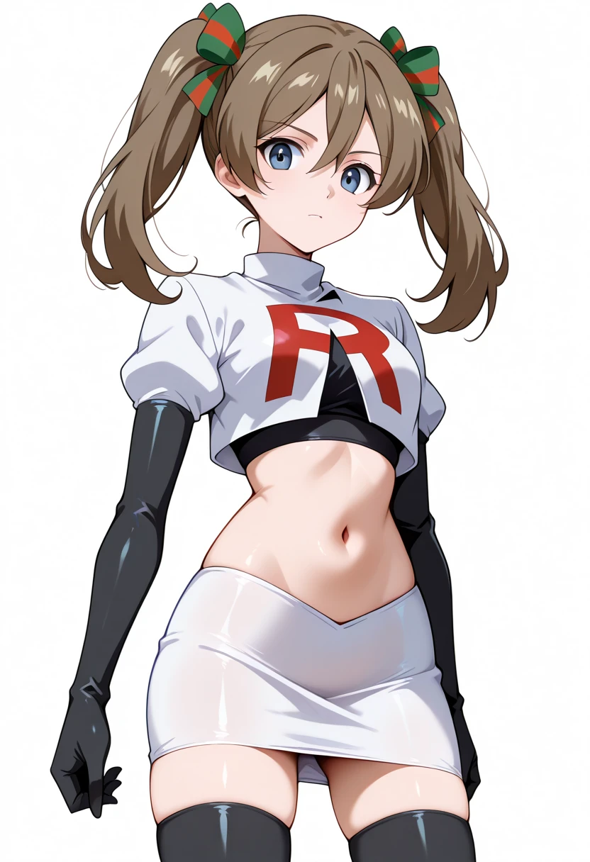 masterpiece, best quality, white background, looking the viewer,
 akwendy, brown hair, 1girl, twintails, long hair, blue eyes, hair ribbon, hair between eyes, navel, team rocket,team rocket uniform,white skirt,red letter R,crop top,black thigh-highs,black elbow gloves, cowboy shot